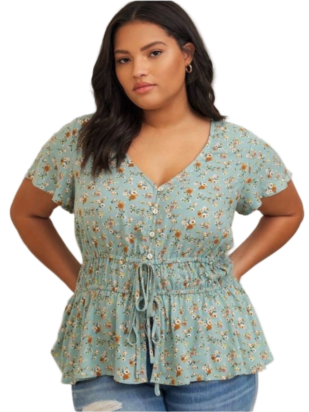 Torrid green floral v-neck blouse